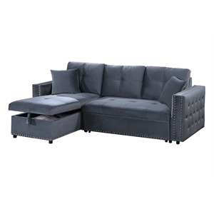 Poundex Upholstered Velvet Reversible Chaise Convertible Sectional in Gray