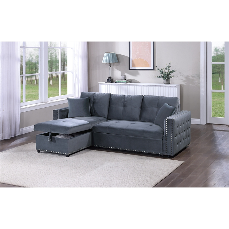 Poundex Upholstered Velvet Reversible Chaise Convertible Sectional in Gray