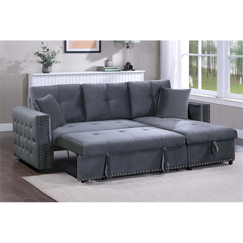 Poundex Upholstered Velvet Reversible Chaise Convertible Sectional in Gray