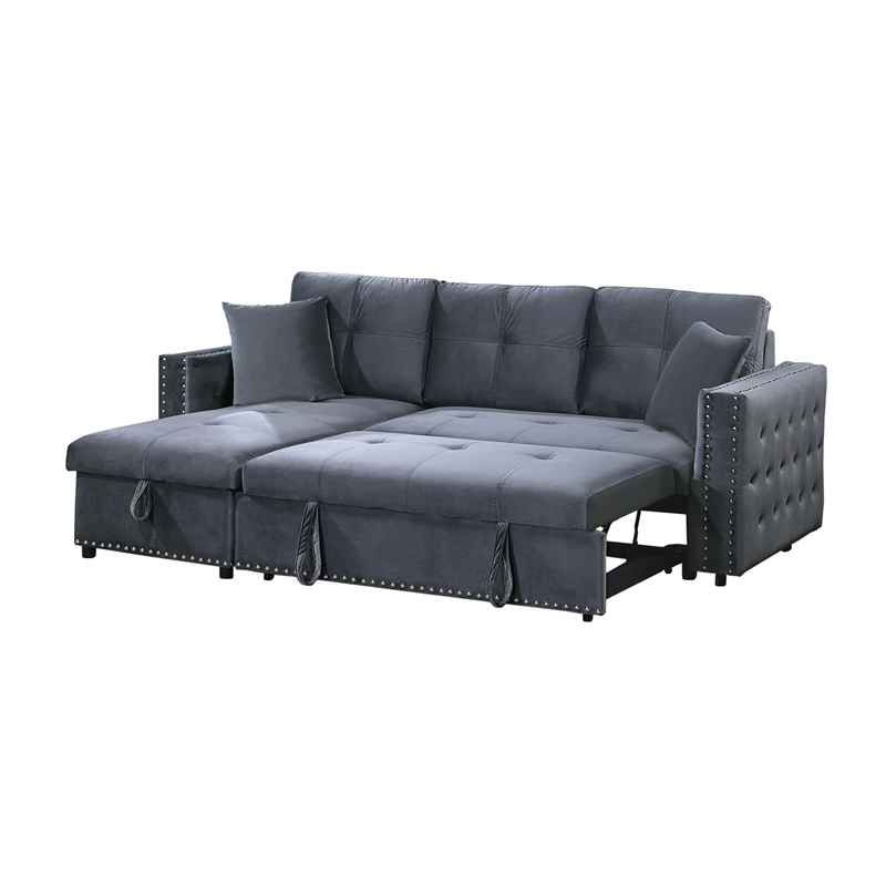 Poundex Upholstered Velvet Reversible Chaise Convertible Sectional in Gray