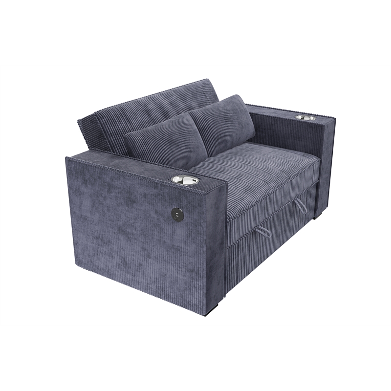 Poundex Convertible Sofa in Dark Gray Corduroy with Foam Cushions and Cupholders