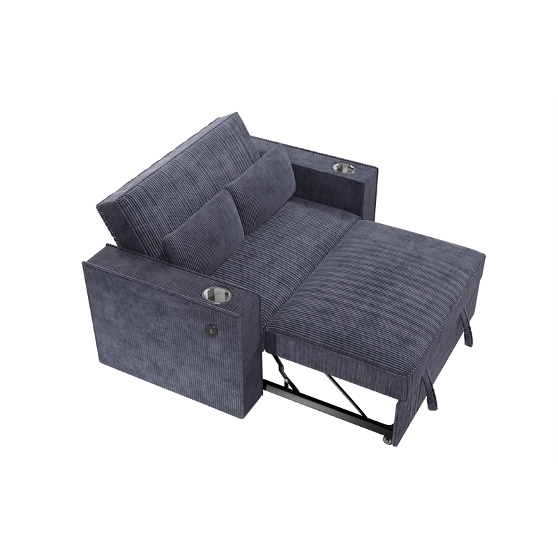 Poundex Convertible Sofa in Dark Gray Corduroy with Foam Cushions and Cupholders