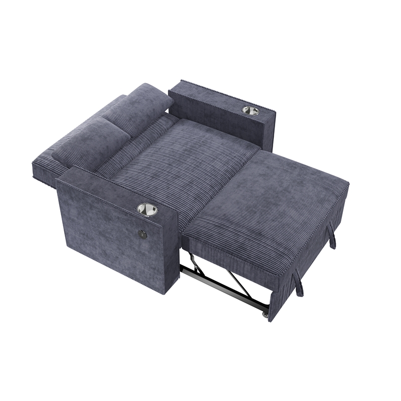 Poundex Convertible Sofa in Dark Gray Corduroy with Foam Cushions and Cupholders