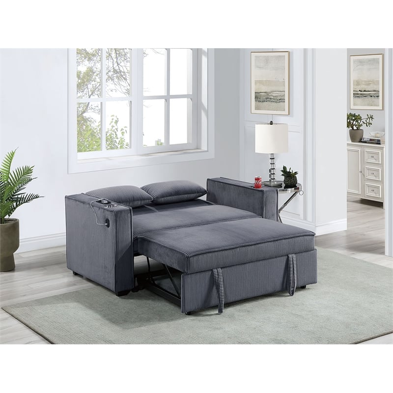 Poundex Convertible Sofa in Dark Gray Corduroy with Foam Cushions and Cupholders