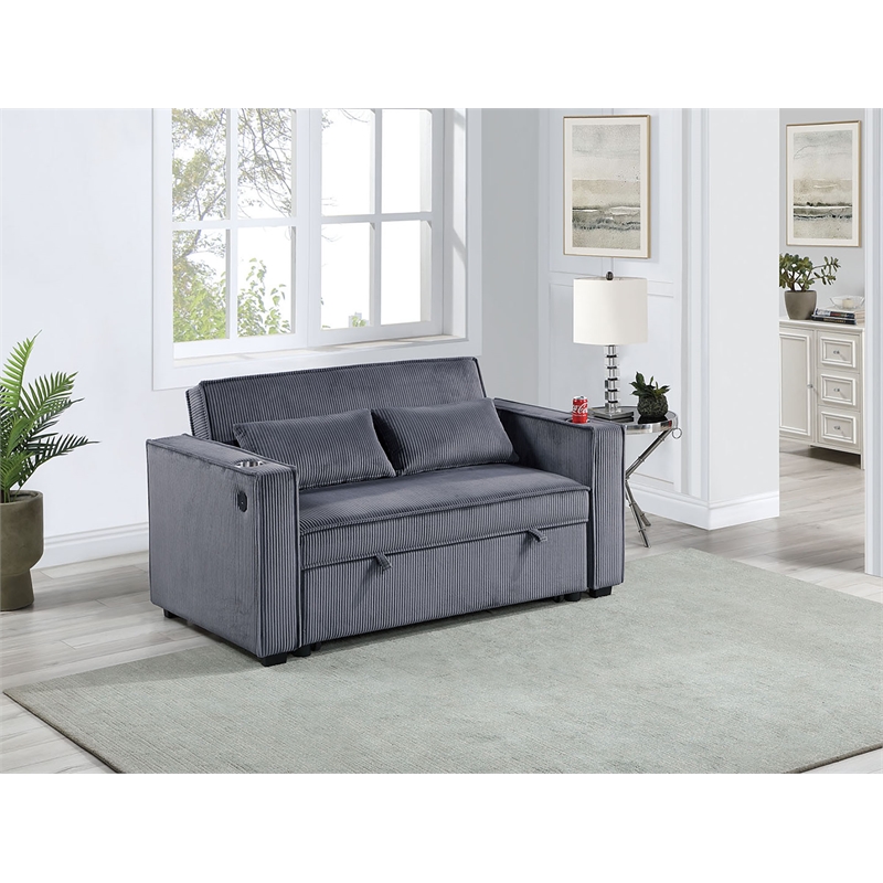 Poundex Convertible Sofa in Dark Gray Corduroy with Foam Cushions and Cupholders
