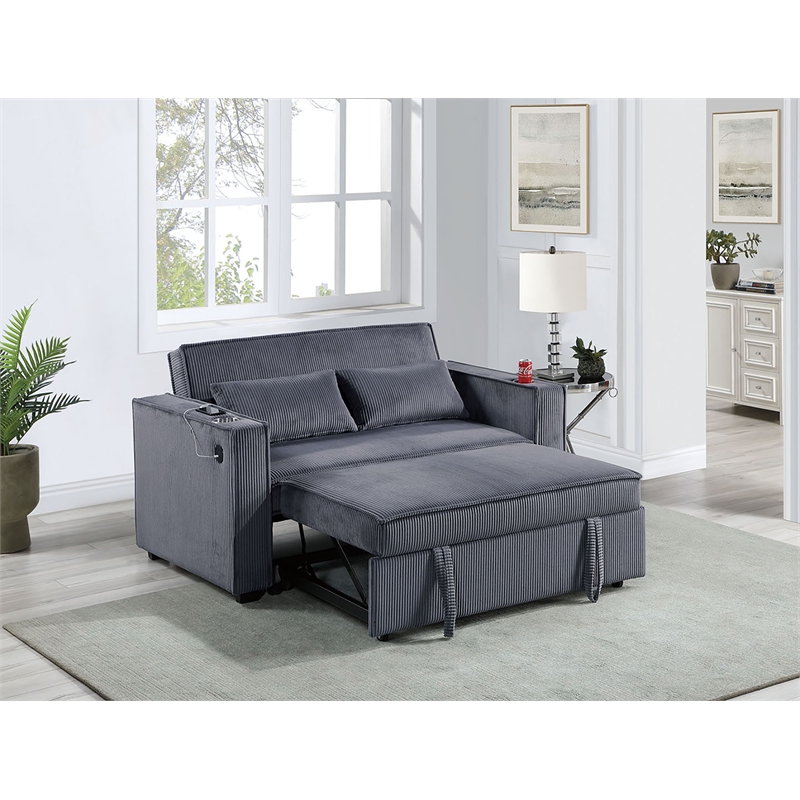 Poundex Convertible Sofa in Dark Gray Corduroy with Foam Cushions and Cupholders