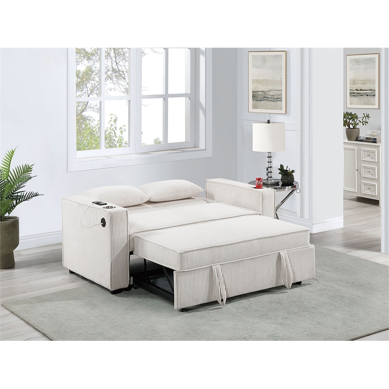 Poundex Beige Foam Upholstered Corduroy Convertible Sofa with Cupholders