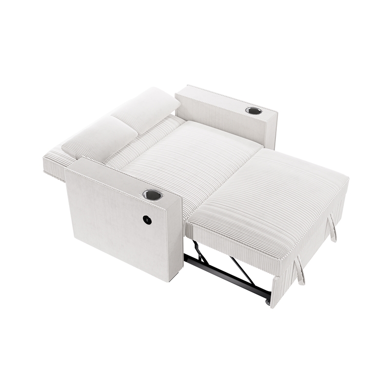 Poundex Beige Foam Upholstered Corduroy Convertible Sofa with Cupholders
