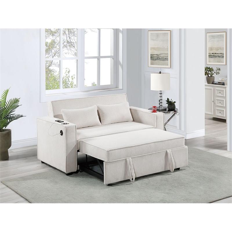 Poundex Beige Foam Upholstered Corduroy Convertible Sofa with Cupholders
