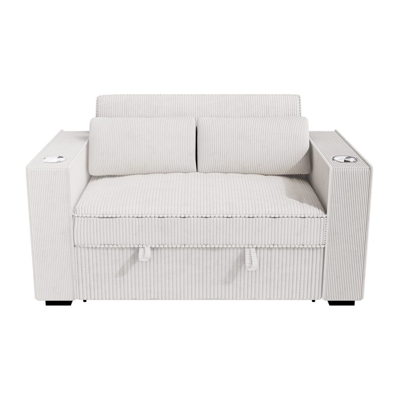 Poundex Beige Foam Upholstered Corduroy Convertible Sofa with Cupholders