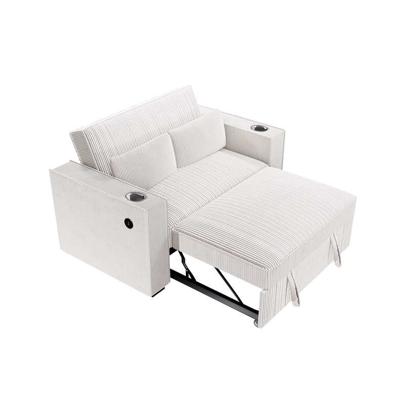Poundex Beige Foam Upholstered Corduroy Convertible Sofa with Cupholders