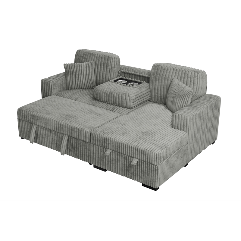 Poundex Upholstered Foam Corduroy Convertible Sofa with Storage in Smoke