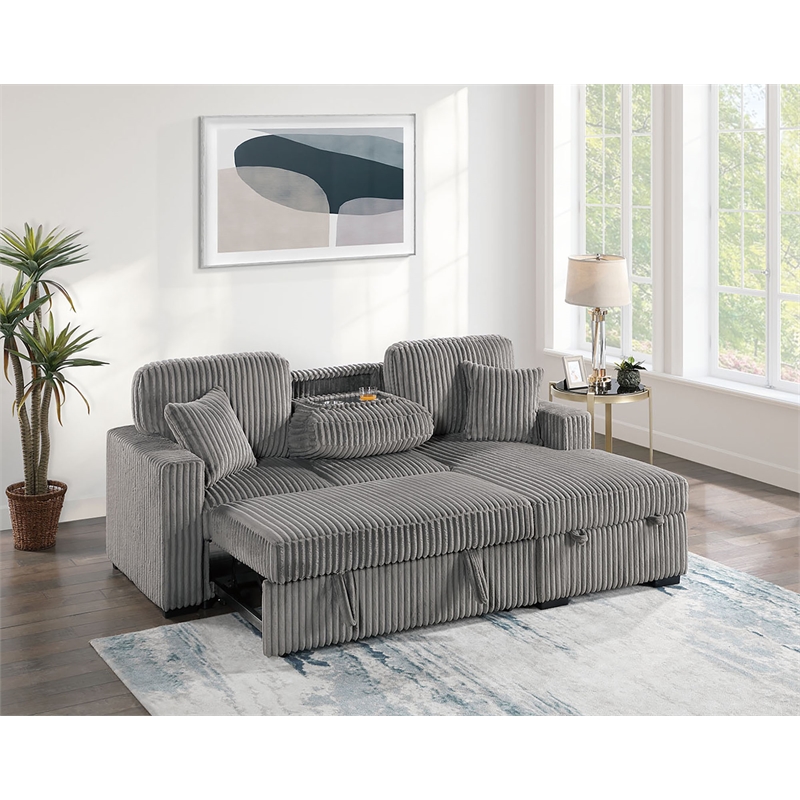 Poundex Upholstered Foam Corduroy Convertible Sofa with Storage in Smoke