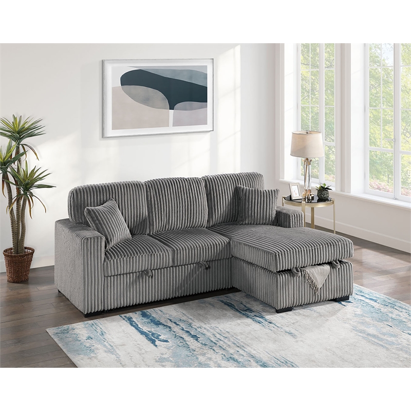 Poundex Upholstered Foam Corduroy Convertible Sofa with Storage in Smoke
