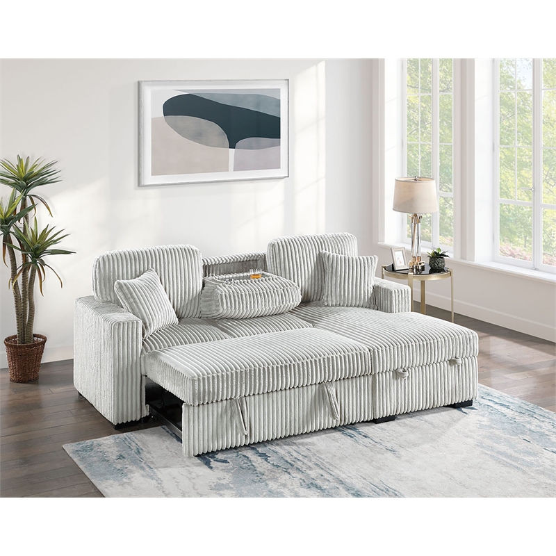 Poundex Upholstered Foam Corduroy Convertible Sofa with Storage in Ash