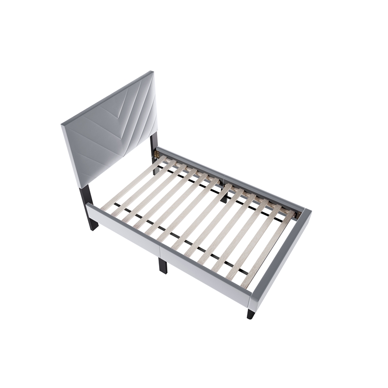 Poundex Adjustable V-Stitch Headboard Twin Bed Frame in Gray Velvet