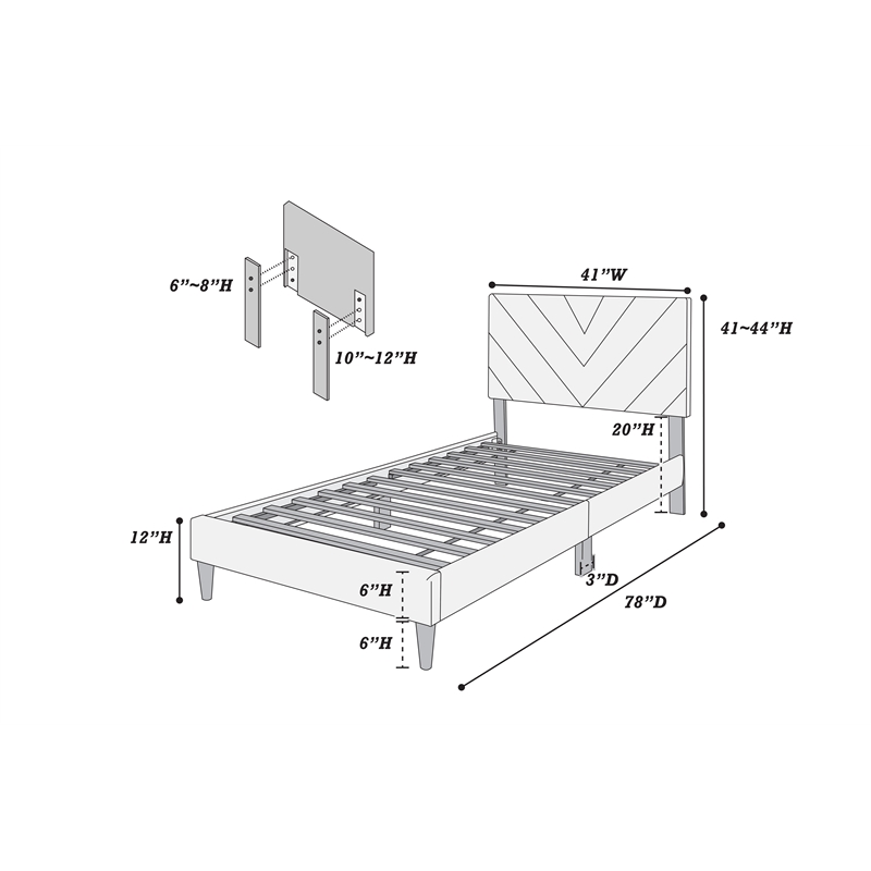 Poundex Adjustable V-Stitch Headboard Twin Bed Frame in Gray Velvet