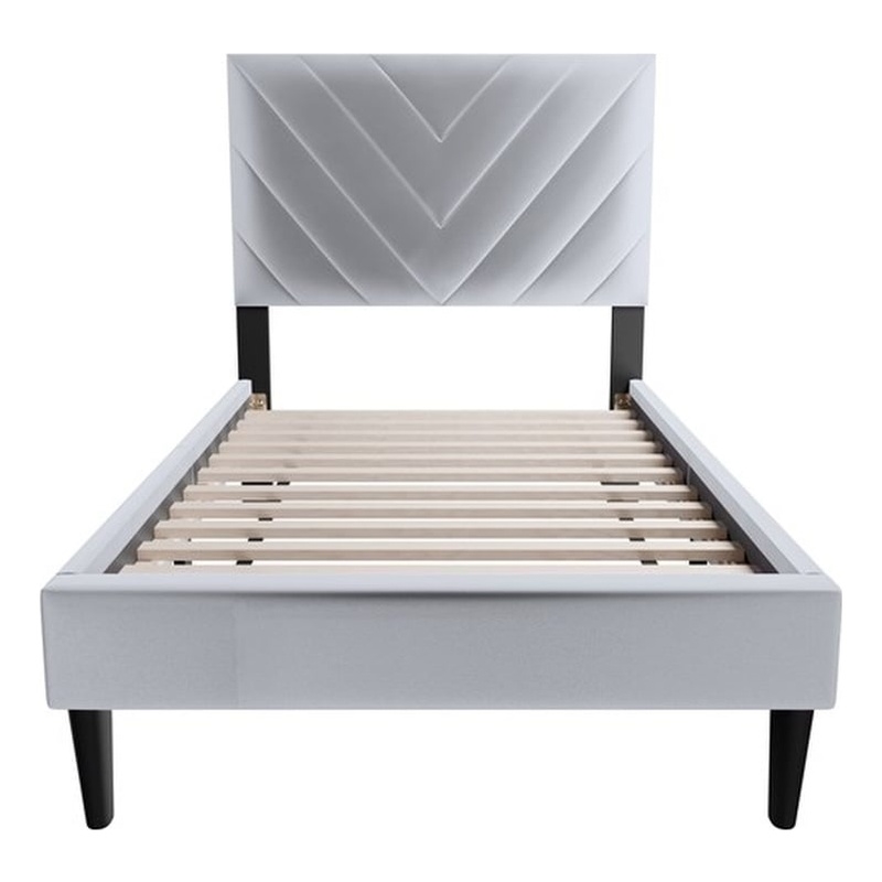 Poundex Adjustable V-Stitch Headboard Twin Bed Frame in Gray Velvet