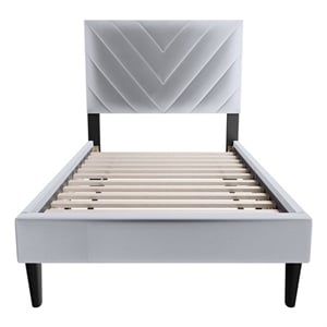 Poundex Adjustable V-Stitch Headboard Twin Bed Frame in Gray Velvet