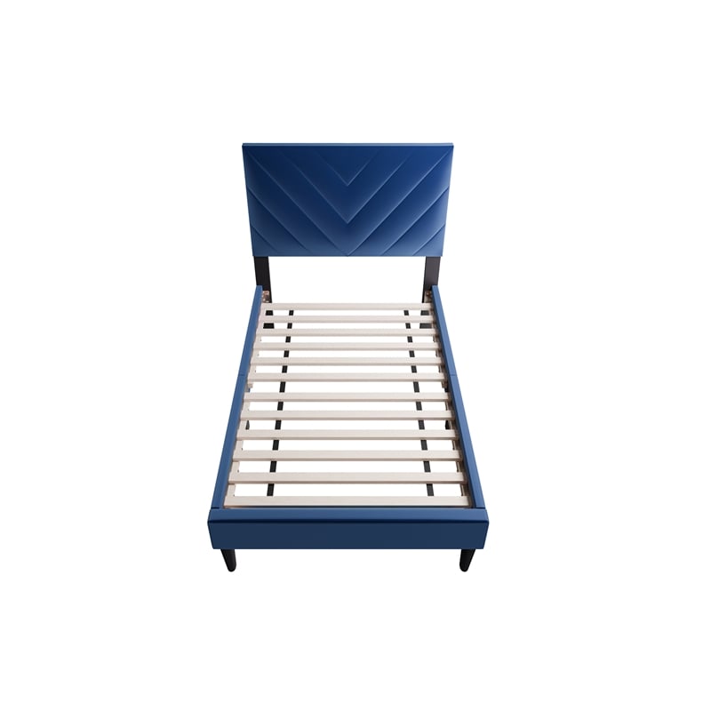 Poundex Adjustable V-Stitch Headboard Twin Bed Frame in Blue Velvet