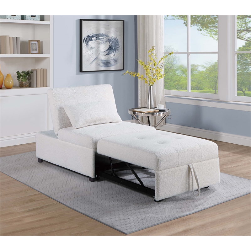 Poundex Upholstered Sherpa Wool Fabric Convertible Chair in White Color
