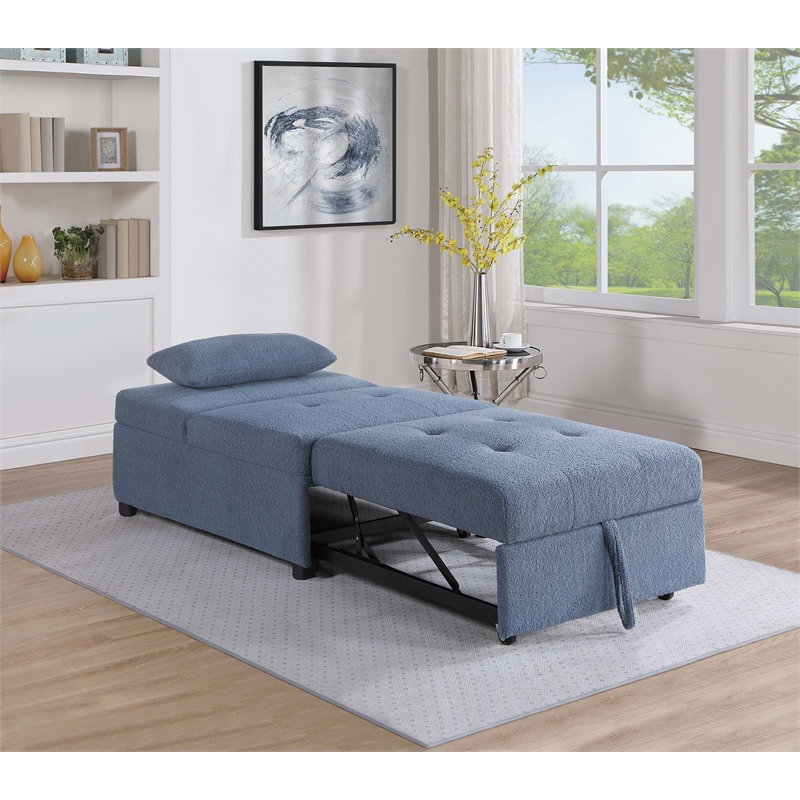 Poundex Upholstered Sherpa Wool Fabric Convertible Chair in Blue Color