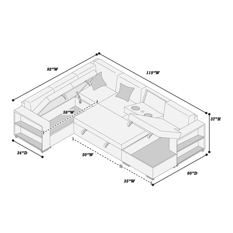 Poundex 4-Piece Convertible Cotton Sectional in Gray Upholstery