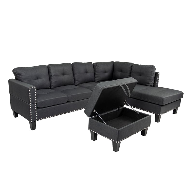 Poundex 3-Piece Charcoal Fabric Upholstered Sectional Sofa Set with Ottoman
