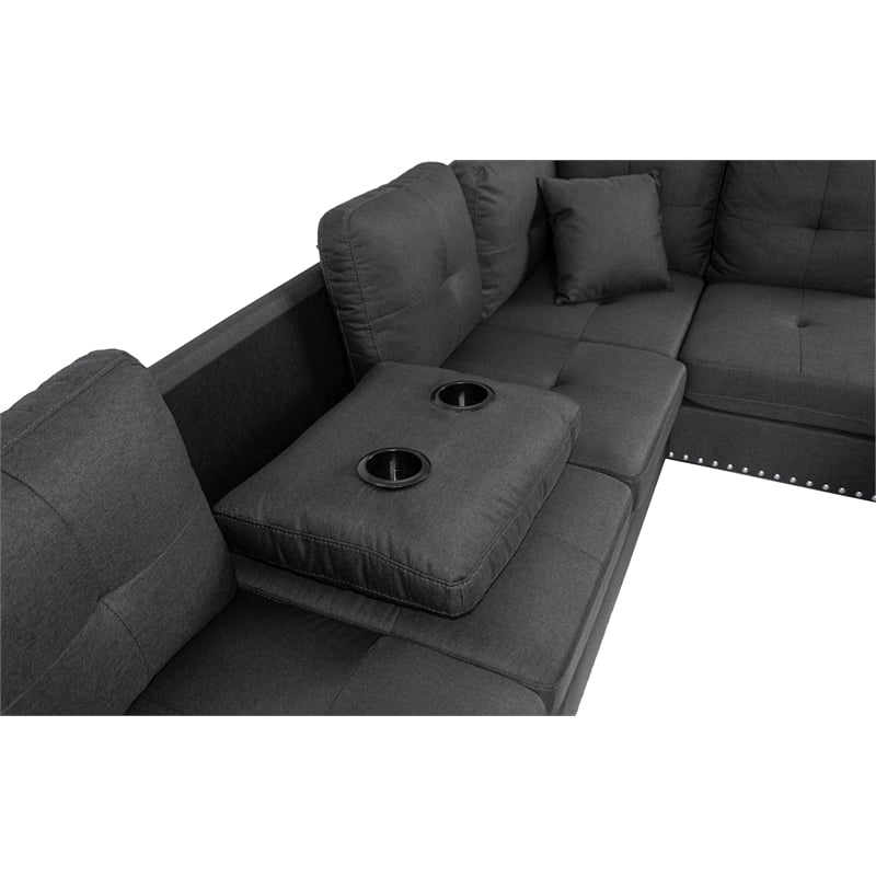 Poundex 3-Piece Charcoal Fabric Upholstered Sectional Sofa Set with Ottoman
