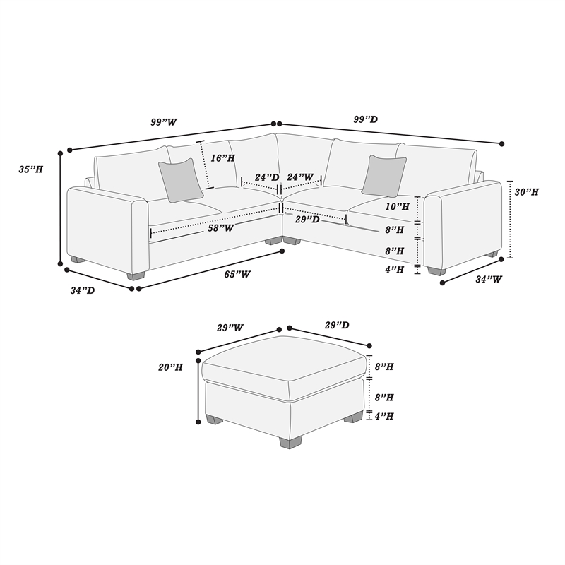Poundex Foam-Filled 4-Piece Sectional Sofa in Soft Light Gray