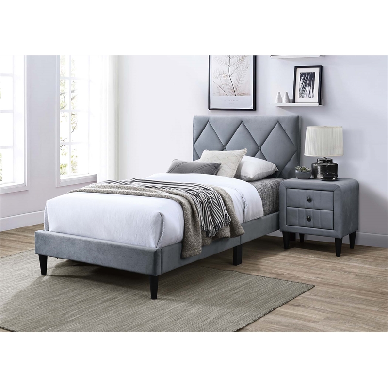 Poundex Adjustable Diamond Tufted Headboard Twin Bed Frame in Gray Velvet