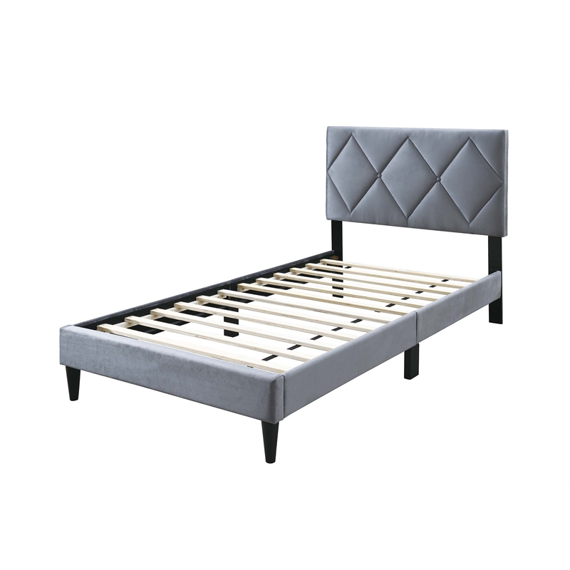 Poundex Adjustable Diamond Tufted Headboard Twin Bed Frame in Gray Velvet