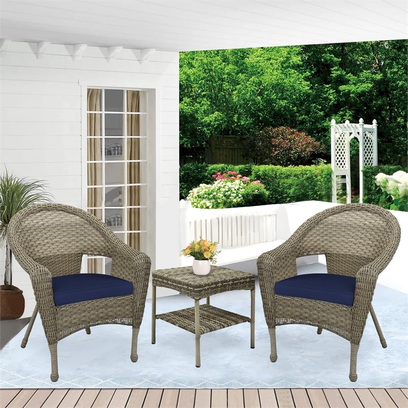 Jeco Clark 3 Piece Wicker Patio Conversation Set in Gray and Blue