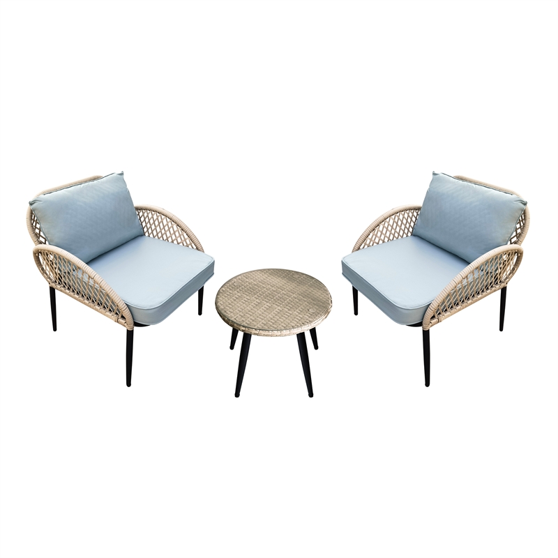 3PC Rope Wicker Chat Set Grey With Side Table And Cushions