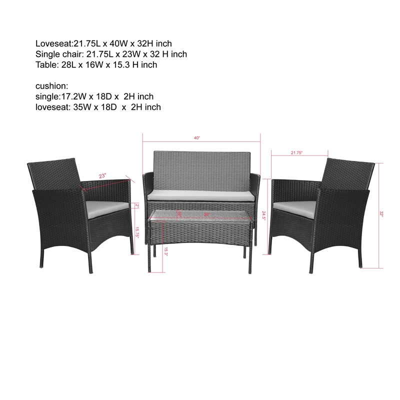 Aoife 4PC Steel Black Resin Wicker Patio Conversation Set with Tan cushion