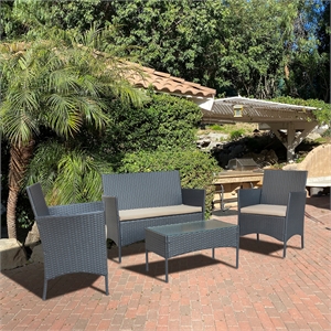 Aoife 4PC Steel Black Resin Wicker Patio Conversation Set with Tan cushion