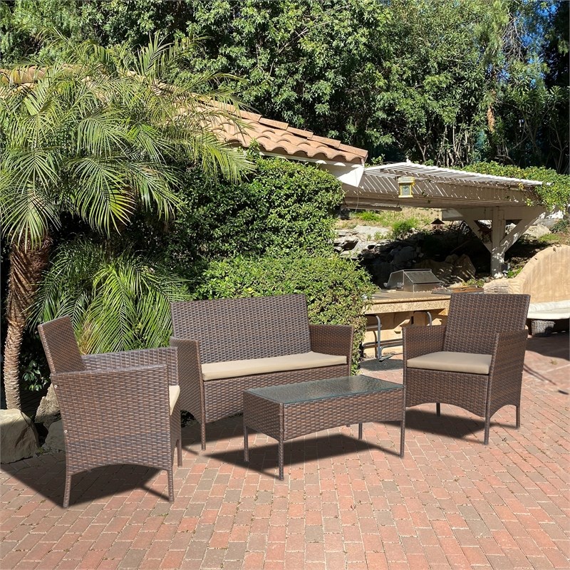 Conor 4PC Steel Esprsso Resin Wicker Patio Conversation Set with Tan cushion