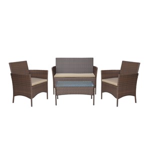 Conor 4PC Steel Esprsso Resin Wicker Patio Conversation Set with Tan cushion