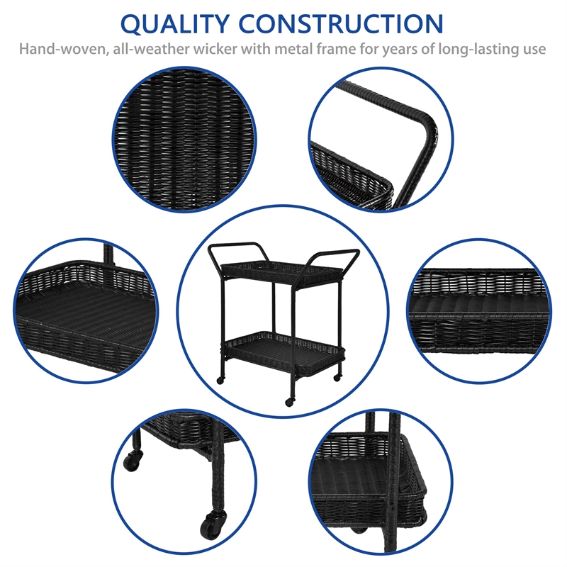 Jeco Wicker Patio Serving Cart in Black