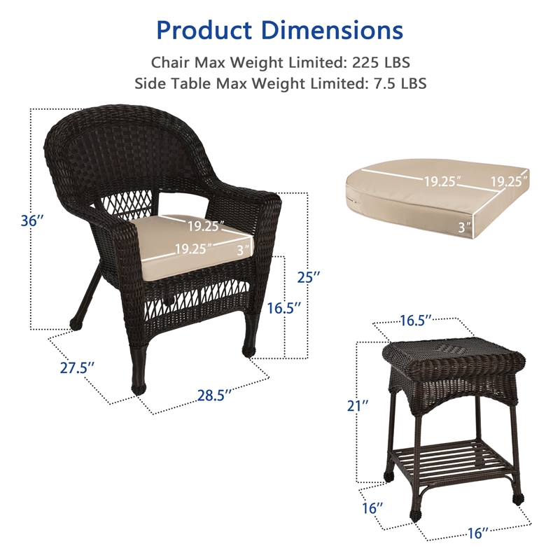 Jeco 3 Piece Wicker Conversation Set in Espresso with Tan Cushions