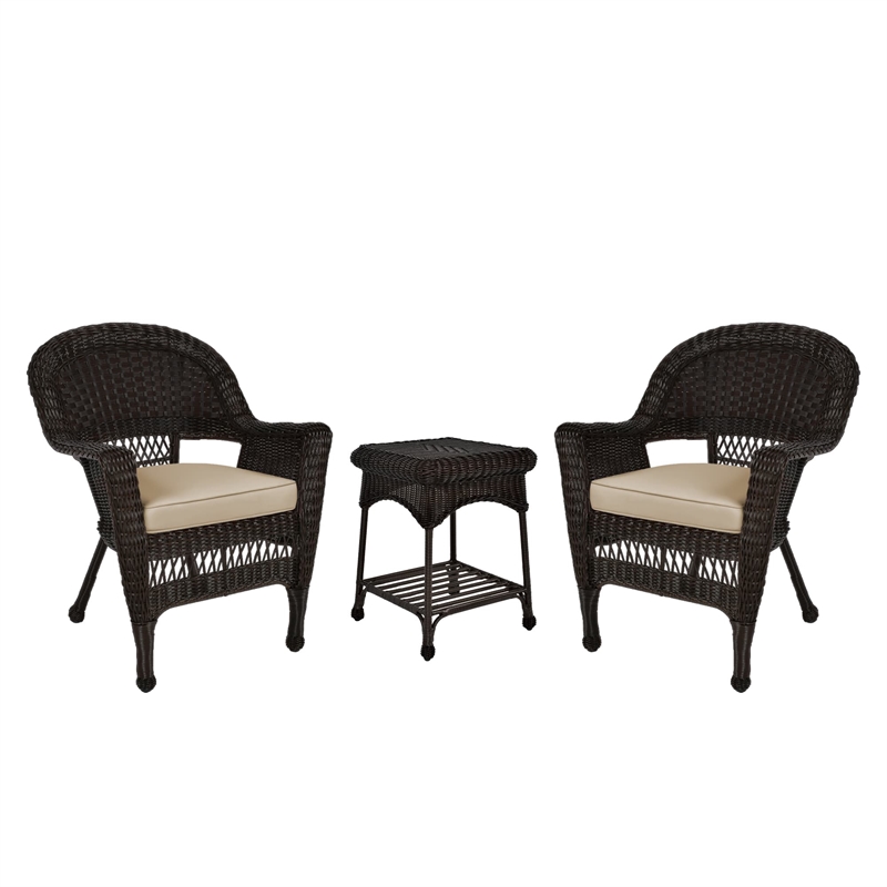Jeco 3 Piece Wicker Conversation Set in Espresso with Tan Cushions