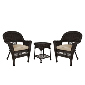 Jeco 3 Piece Wicker Conversation Set in Espresso with Tan Cushions