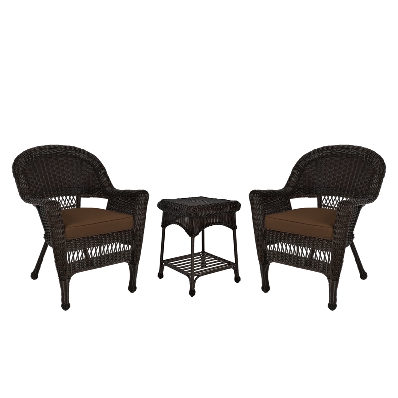Jeco 3 Piece Wicker Conversation Set in Espresso with Brown Cushions