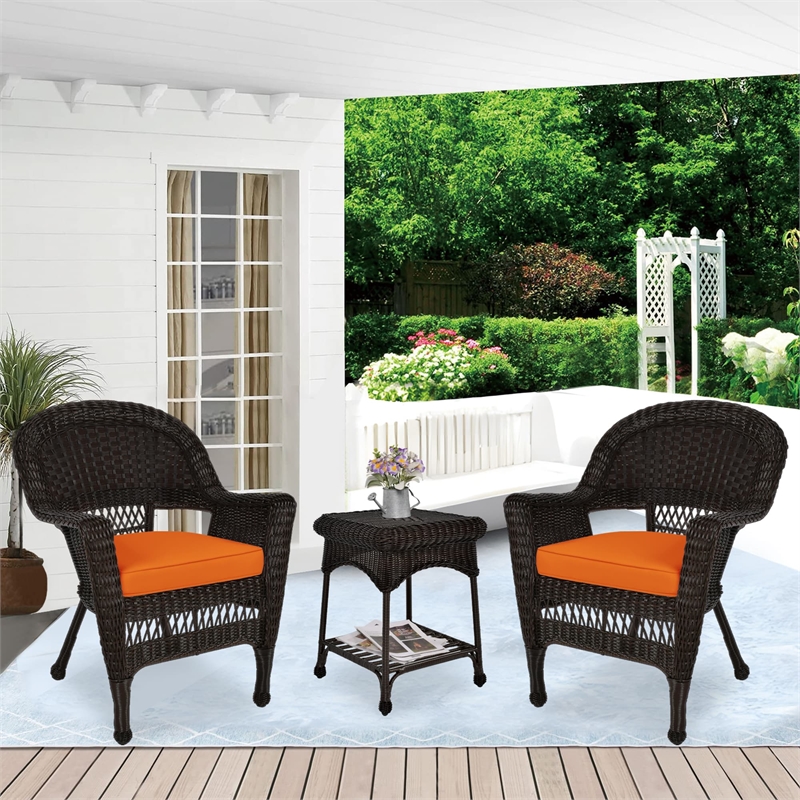 Jeco 3 Piece Wicker Conversation Set in Espresso with Orange Cushions