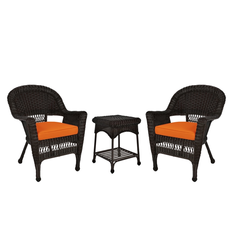 Jeco 3 Piece Wicker Conversation Set in Espresso with Orange Cushions