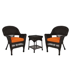 Jeco 3 Piece Wicker Conversation Set in Espresso with Orange Cushions
