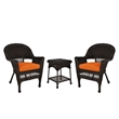 Jeco 3 Piece Wicker Conversation Set in Espresso with Orange Cushions