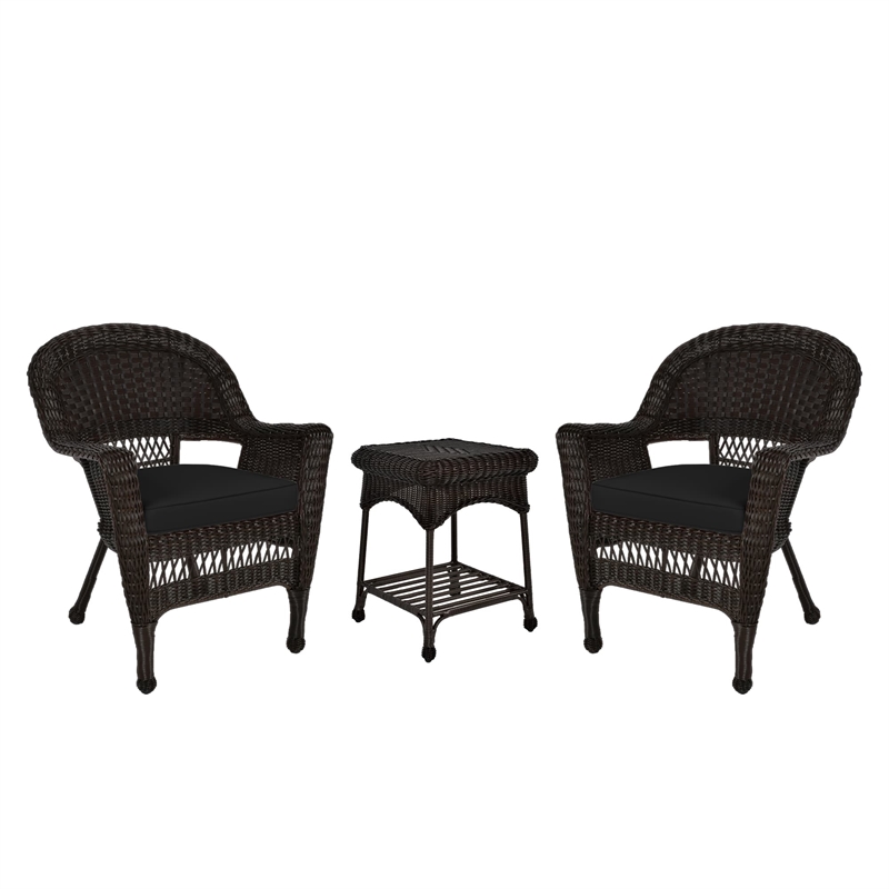 Jeco 3 Piece Wicker Conversation Set in Espresso with Black Cushions