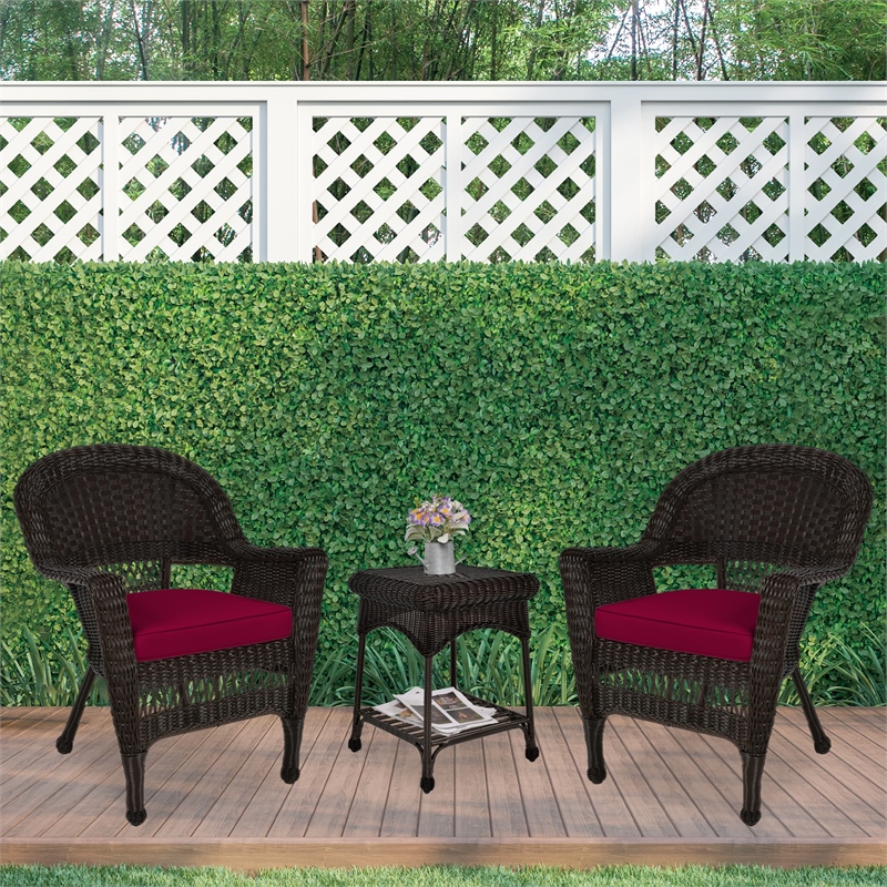 Jeco 3 Piece Wicker Conversation Set in Espresso with Red Cushions