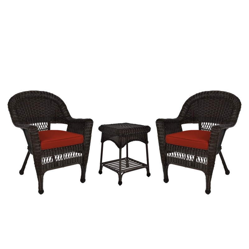 Jeco 3 Piece Wicker Conversation Set in Espresso with Red Cushions